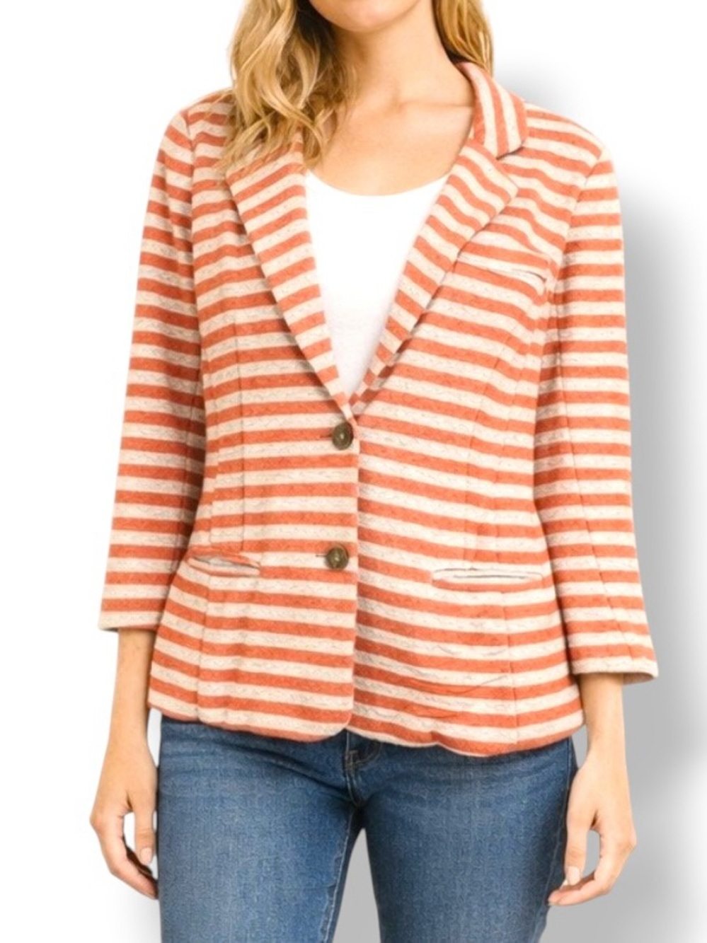 Anthropologie Cartonnier Orange White Striped Knit Blazer Jacket Size Large